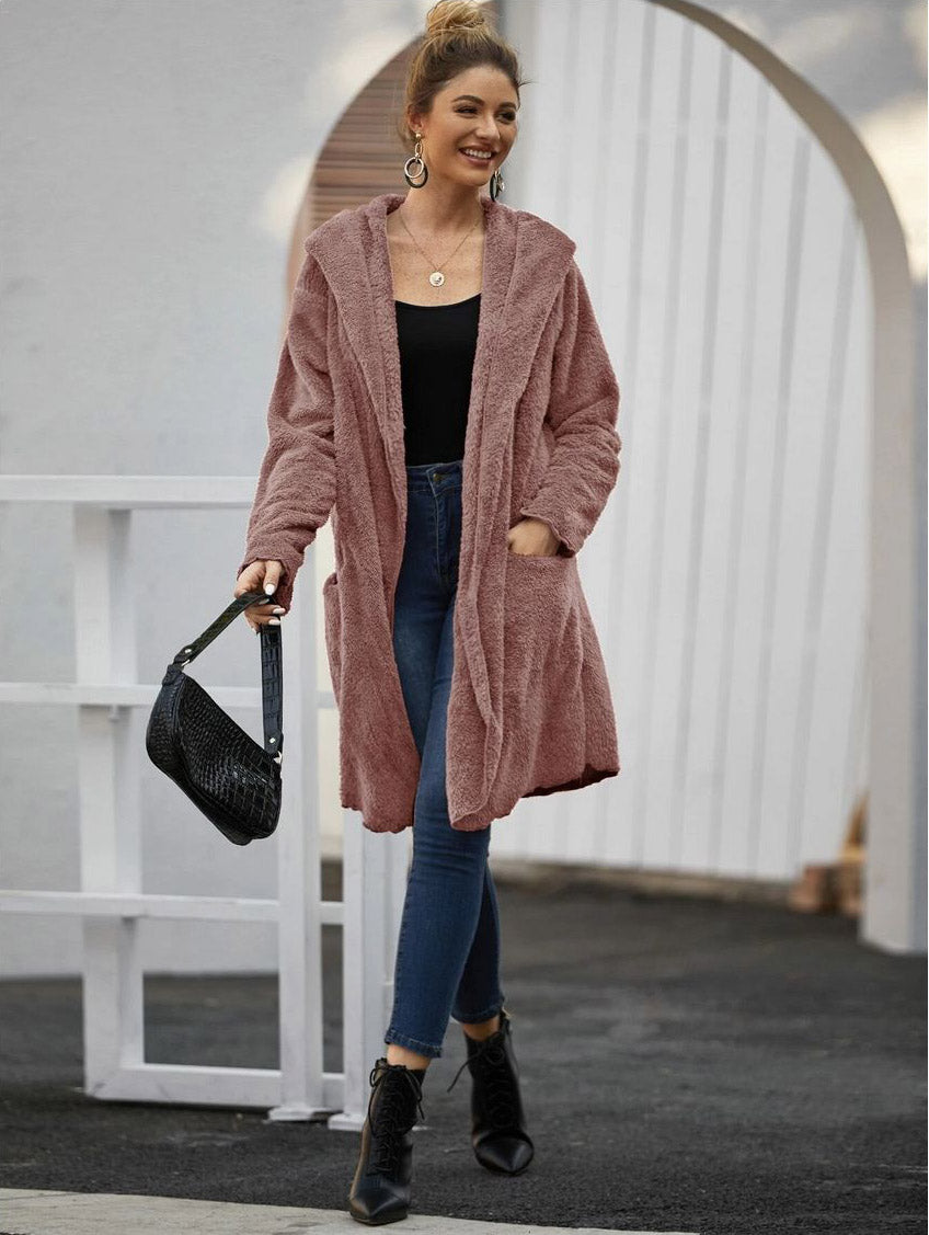 Fluffy hooded open front teddy saltless coat