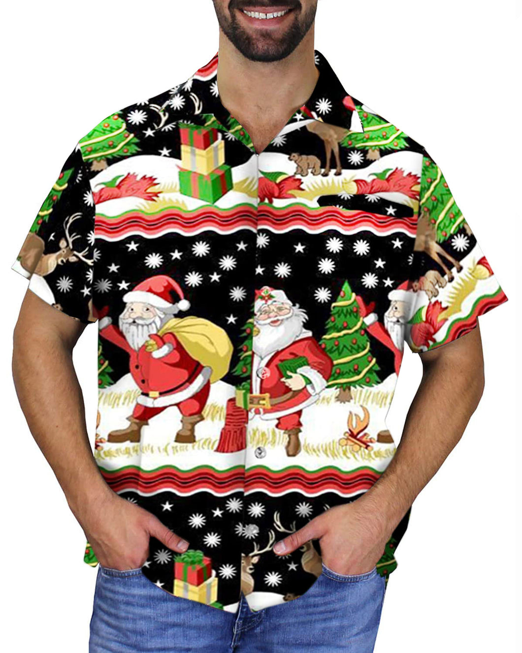 Men’s/Unisex Christmas Button Up Short Sleeve Shirt - Black Large Santa