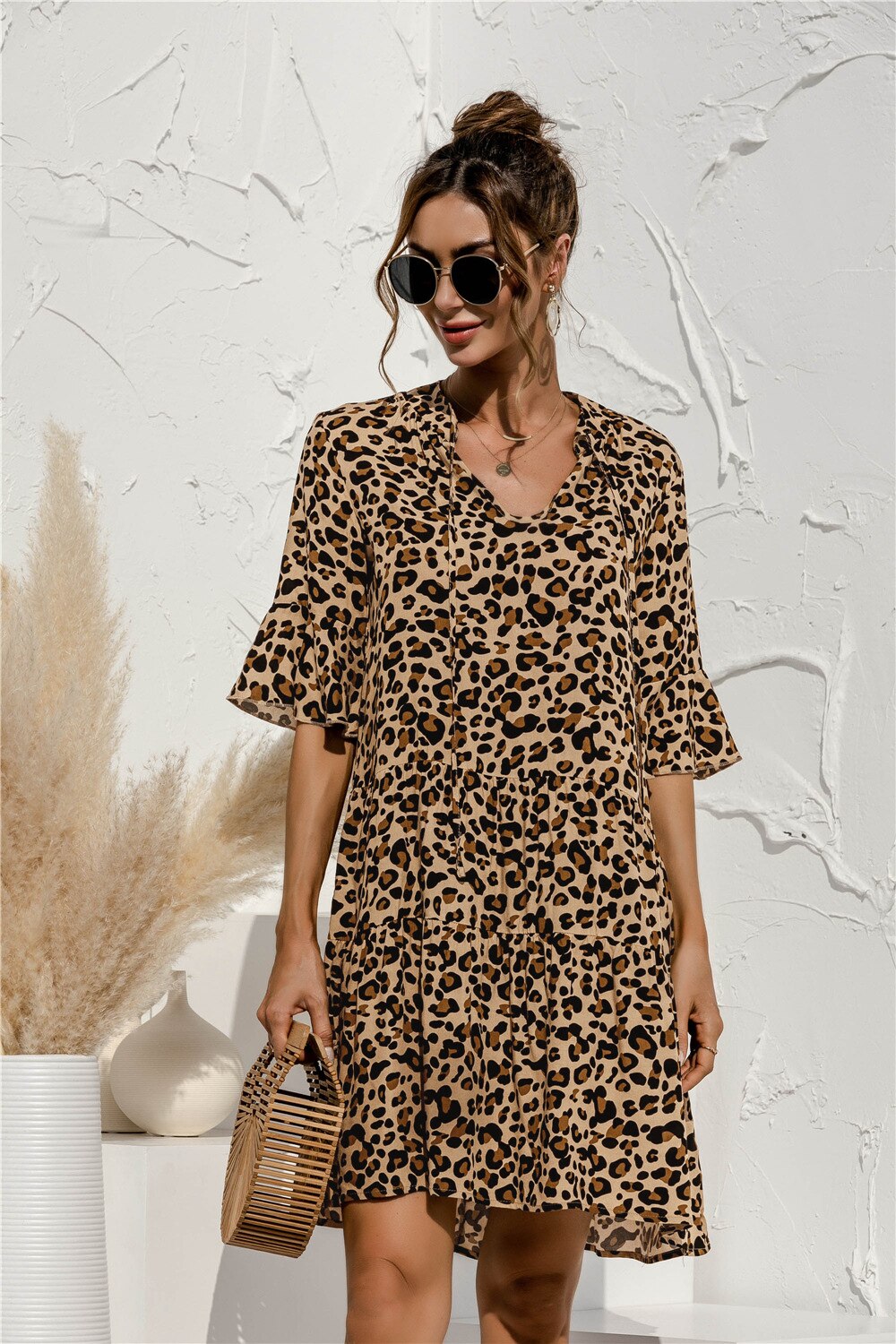Short Sleeve Dress - Brown Leopard