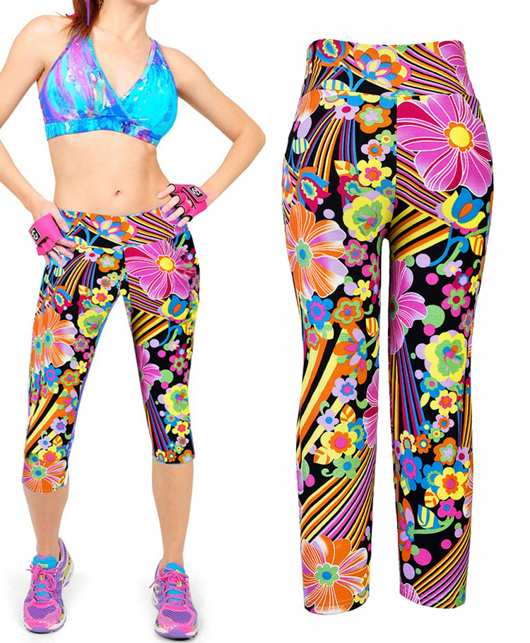 Printed Sport Capri Leggings - Flower Stripes