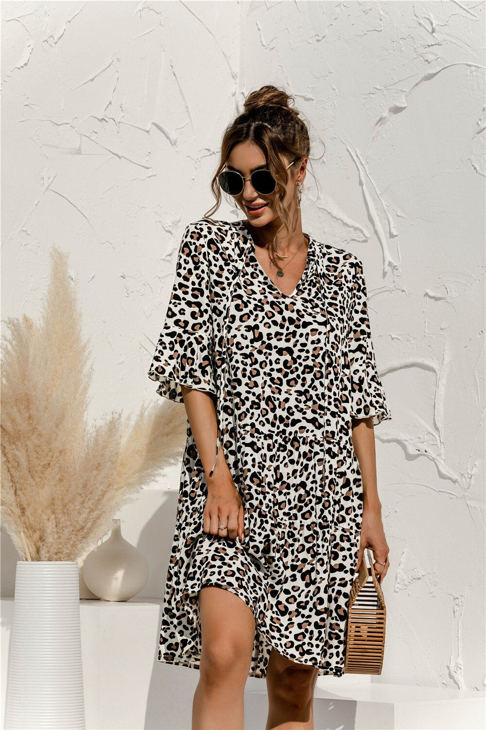 Short Sleeve Dress - White Leopard